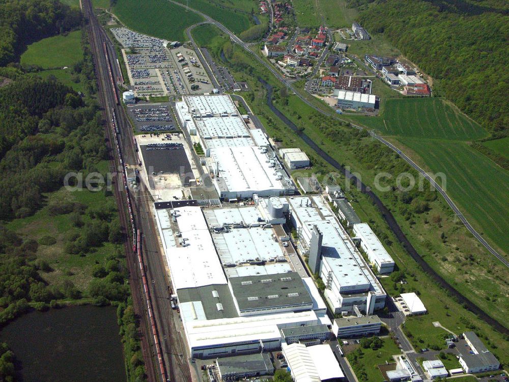 Eisenach from the bird's eye view: Blick auf das Opelwerk in Eisenach. In dem eisenacher Opelwerk produzieren ca. 1900 Mitarbeiter den Opel Corsa. Opel ist seit 1992 in Eisenach mit der Opel Eisenach GmbH vertreten. Kontakt: Opel Eisenach GmbH, Adam-Opel-Strasse 100, 99817 Eisenach, Tel. +49(0)3691 66-0, Fax +49(0)3691 66-1121