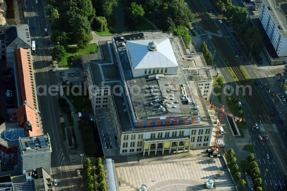 Aerial image Leipzig - Opera house and theater in Leipzig, Saxony, Germany. Restoration work on the facades and roof surfaces is currently taking place