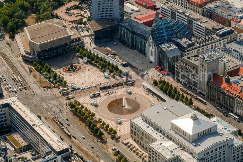 Leipzig from the bird's eye view: Opera house and theater in Leipzig, Saxony, Germany. Restoration work on the facades and roof surfaces is currently taking place