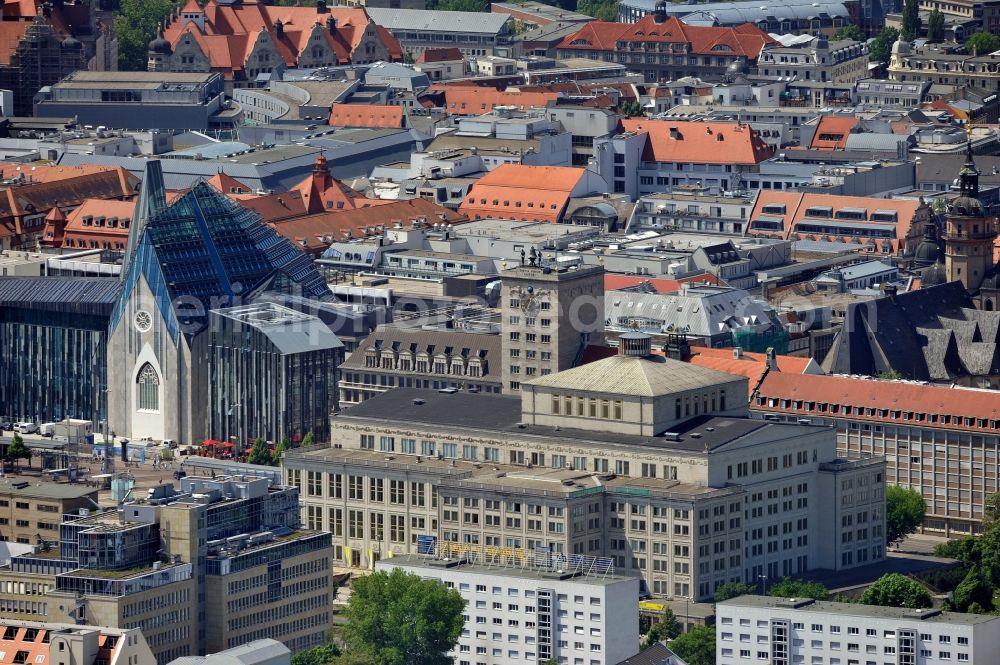 Leipzig from above - Opera house, the University Church of St. Paul, the Kroch highrise and the St. Nicholas Church Leipzig in the state Saxony