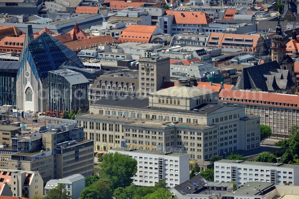 Leipzig from the bird's eye view: Opera house, the University Church of St. Paul, the Kroch highrise and the St. Nicholas Church Leipzig in the state Saxony