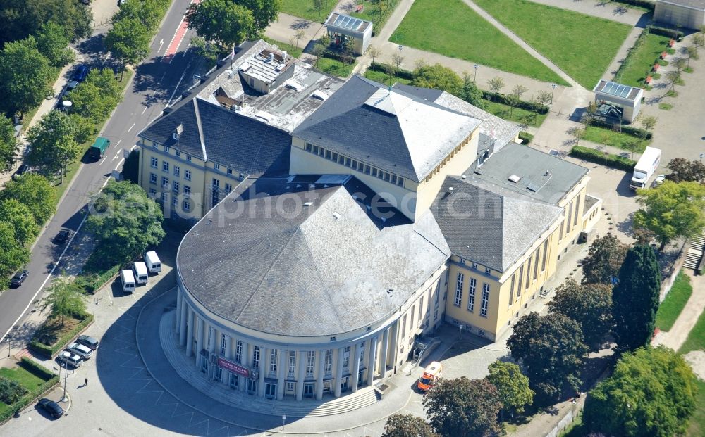 Saarbrücken from above - Opera house Saarlaendisches Staatstheater on place Schillerplatz in the district Sankt Johann in Saarbruecken in the state Saarland, Germany