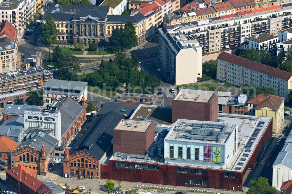 Dresden from the bird's eye view: Opera house and playhouse Staatsoperette Dresden on Ehrlichstrasse - Wettiner Platz in the district Wilsdruffer Vorstadt in Dresden in the state Saxony, Germany