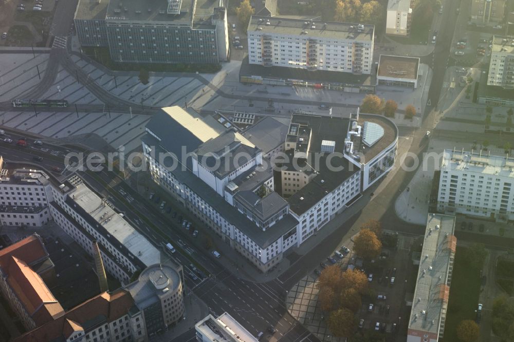 Magdeburg from above - Opera house of the theater Magdeburg, Districtlibrary Sudenburg and Citylibrary Magdeburg at Erzberger street in the district Altstadt in Magdeburg in the state Saxony-Anhalt