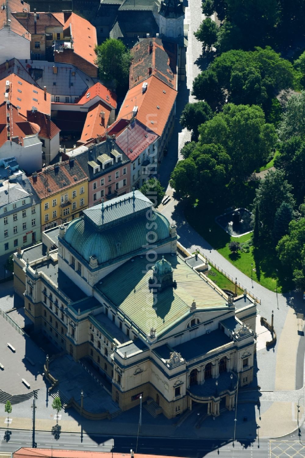 Aerial image Pilsen - Opera house J.K. Tyl Theatre on street Smetanovy sady in Pilsen in Boehmen, Czech Republic