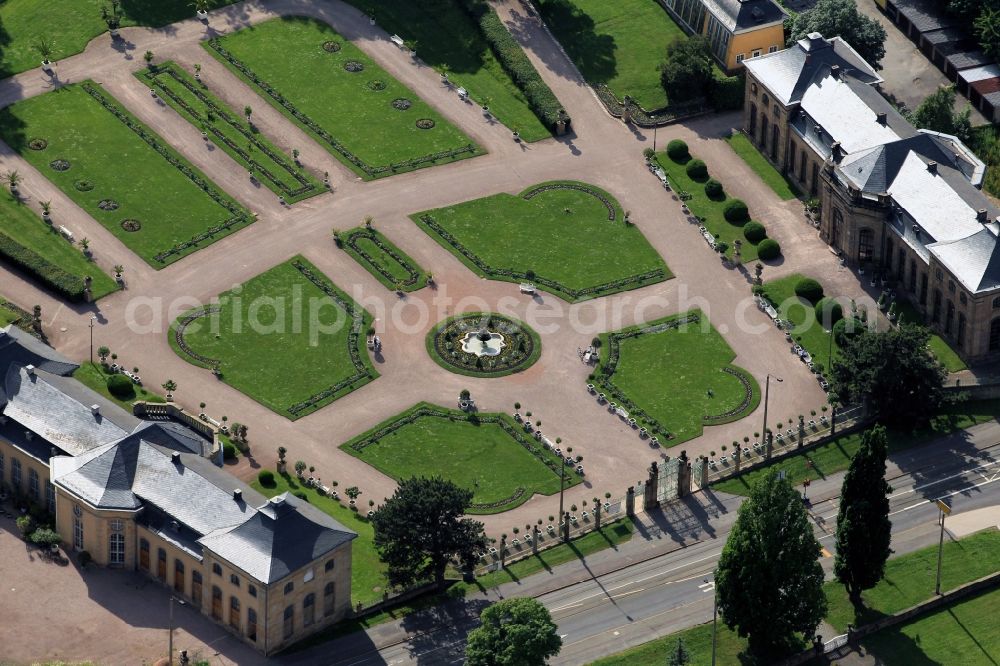 Gotha from above - The park area of Castle Friedenstein in Gotha in Thuringia regions include the Orangery. The park with the striking parts of the building was built for the rearing and presentation of exotic plants and is one of the largest of its kind in Germany