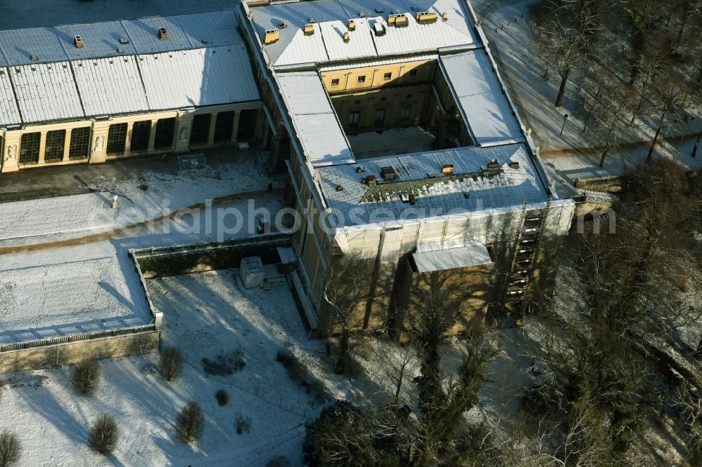 Aerial photograph Potsdam - Wintry snowy ice Orangery Palace is also known as the New Orangery on the Klausberg in Potsdam in the state Brandenburg