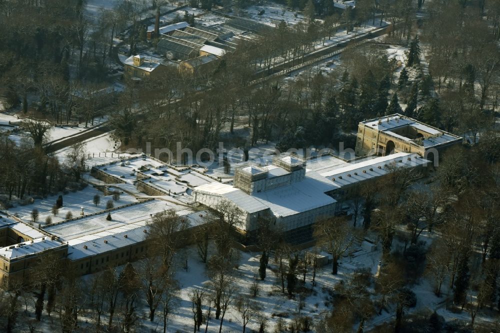 Aerial image Potsdam - Wintry snowy ice Orangery Palace is also known as the New Orangery on the Klausberg in Potsdam in the state Brandenburg