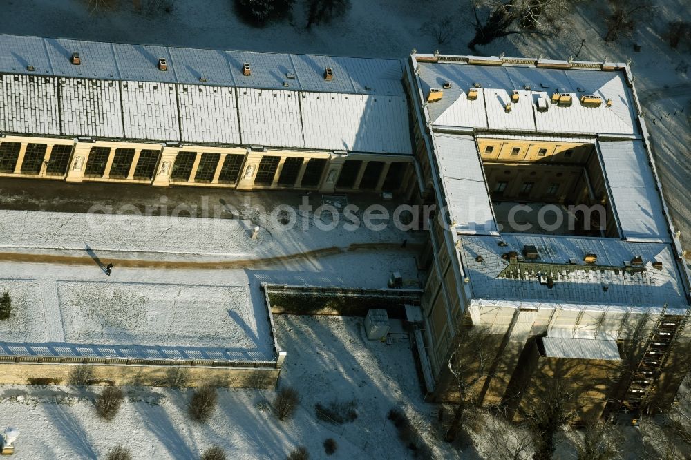 Aerial photograph Potsdam - Wintry snowy ice Orangery Palace is also known as the New Orangery on the Klausberg in Potsdam in the state Brandenburg