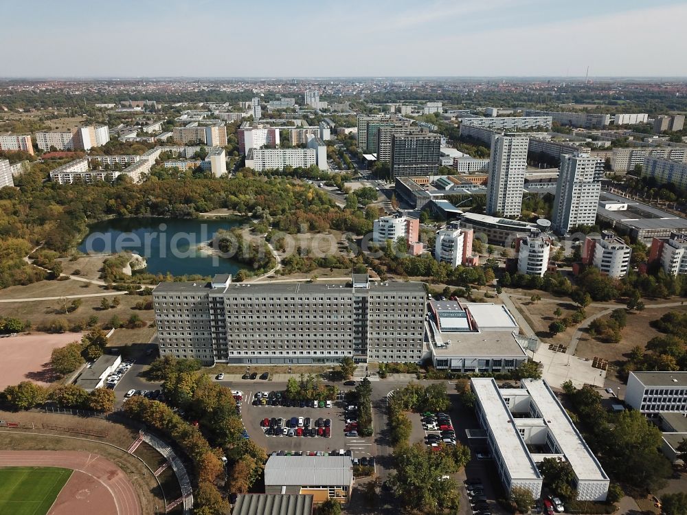 Halle (Saale) from above - Ordnungsamt the city hall also called security office in the prefabricated housing high-rise housing estate in the district Neustadt in Halle (Saale) in the federal state of Saxony-Anhalt,