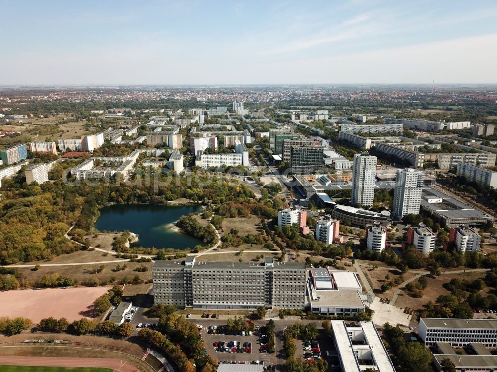 Halle (Saale) from the bird's eye view: Ordnungsamt the city hall also called security office in the prefabricated housing high-rise housing estate in the district Neustadt in Halle (Saale) in the federal state of Saxony-Anhalt,