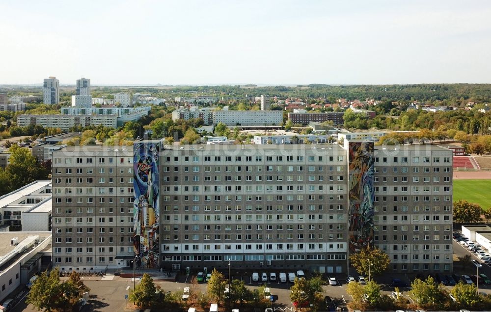 Aerial image Halle (Saale) - Ordnungsamt the city hall also called security office in the prefabricated housing high-rise housing estate in the district Neustadt in Halle (Saale) in the federal state of Saxony-Anhalt,