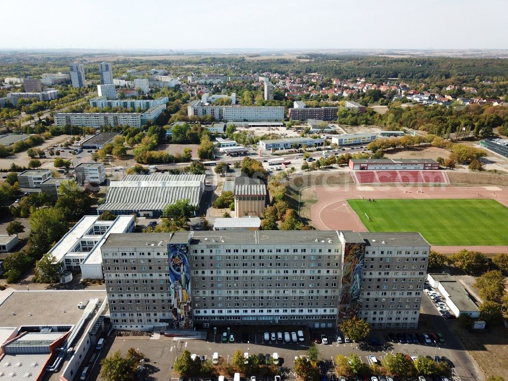 Aerial photograph Halle (Saale) - Ordnungsamt the city hall also called security office in the prefabricated housing high-rise housing estate in the district Neustadt in Halle (Saale) in the federal state of Saxony-Anhalt,