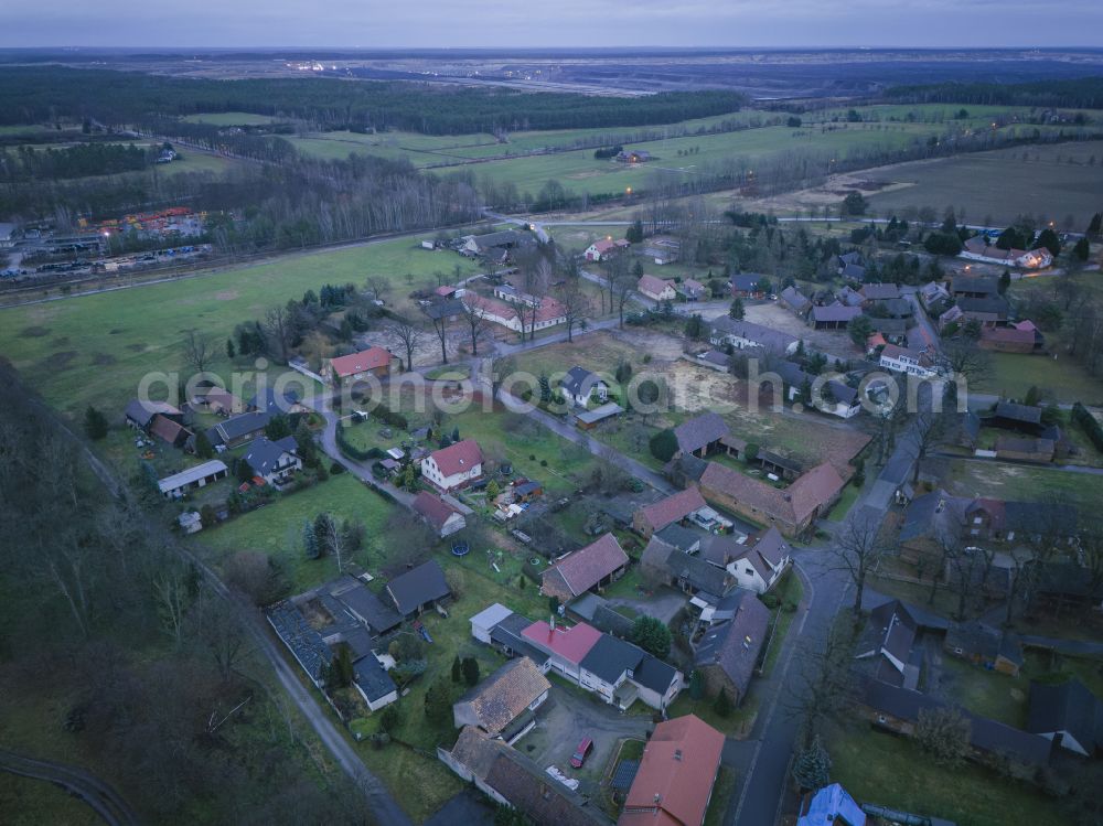 Aerial image Trebendorf - The town in the official Sorbian settlement area is being excavated by LEAG as part of the expansion of the Nochten open-cast mine. The residents are being resettled in the new district of Schleife, called Neu Muehlrose. In the state of Saxony, Germany