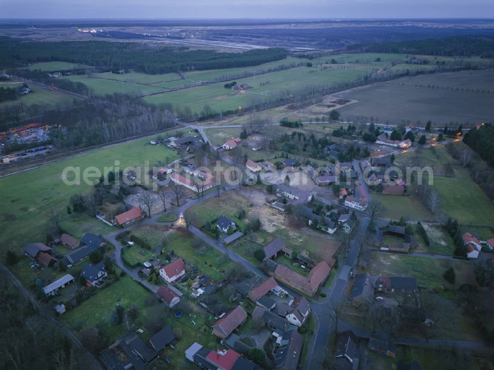 Trebendorf from above - The town in the official Sorbian settlement area is being excavated by LEAG as part of the expansion of the Nochten open-cast mine. The residents are being resettled in the new district of Schleife, called Neu Muehlrose. In the state of Saxony, Germany