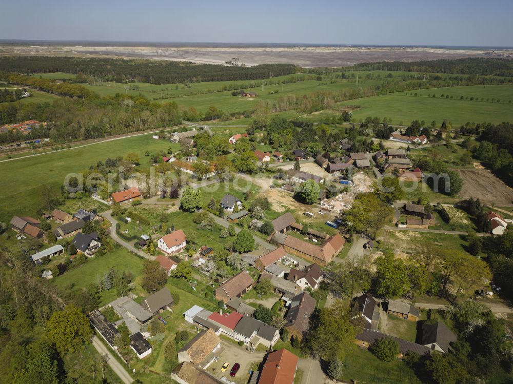 Trebendorf from the bird's eye view: The town in the official Sorbian settlement area is being excavated by LEAG as part of the expansion of the Nochten open-cast mine. The residents are being resettled in the new district of Schleife, called Neu Muehlrose. In the state of Saxony, Germany