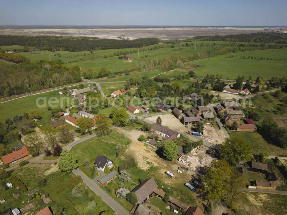 Aerial image Trebendorf - The town in the official Sorbian settlement area is being excavated by LEAG as part of the expansion of the Nochten open-cast mine. The residents are being resettled in the new district of Schleife, called Neu Muehlrose. In the state of Saxony, Germany