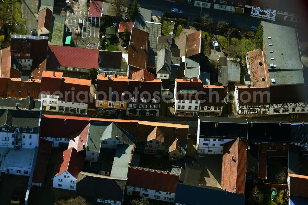 Friedrichroda from above - Partial view of the houses along the main street in Friedrichroda in the state Thuringia, Germany