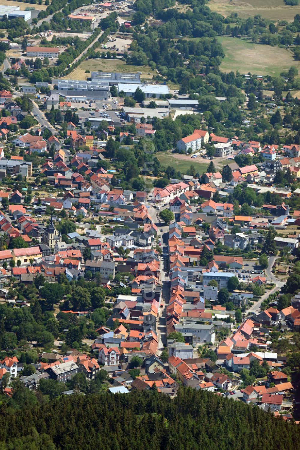 Friedrichroda from above - Partial view of the houses along the main street in Friedrichroda at Thueringer Wald in the state Thuringia, Germany