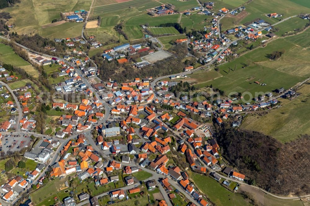 Adorf from above - Town View of the streets and houses of the residential areas in Adorf in the state Hesse, Germany