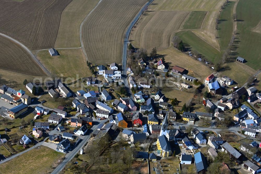 Ahornberg from above - Town view of the streets and houses of the residential areas in Ahornberg in the state Bavaria, Germany