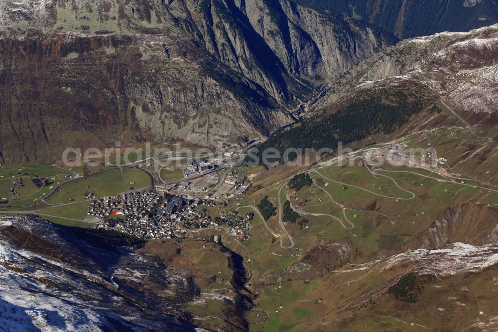 Andermatt from the bird's eye view: Town View of the streets and houses in Andermatt in the Alps in the canton Uri, Switzerland