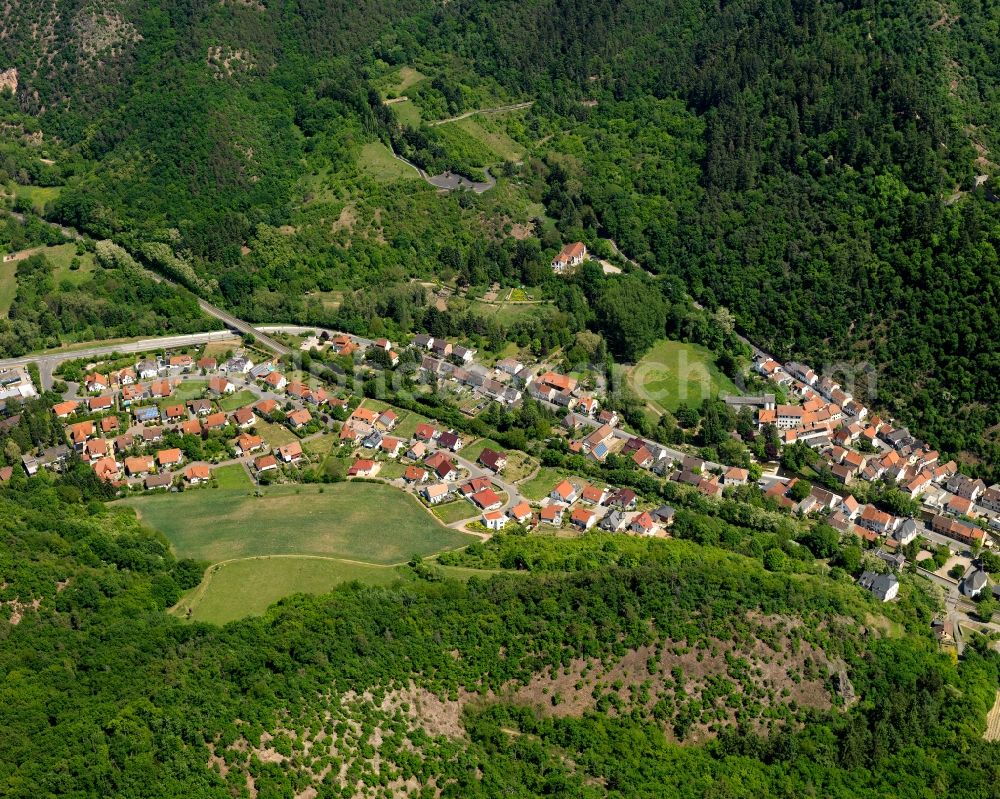 Altenbamberg from above - View of the borough of Altenbamberg in the state of Rhineland-Palatinate. The municipiality is located in the Alsenz Valley on the riverbank of the river Alsenz. It includes several hamlets and settlements. Bad Muenster is visible in the background