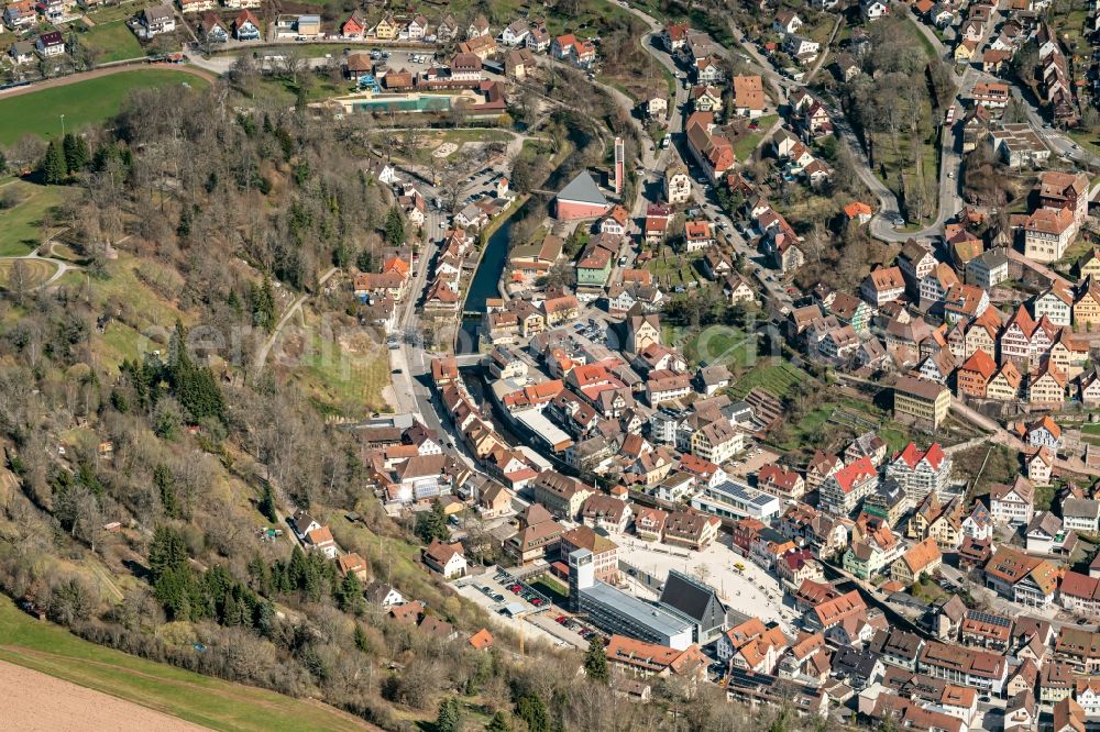 Altensteig from above - Town View of the streets and houses of the residential areas in Altensteig in the state Baden-Wuerttemberg, Germany