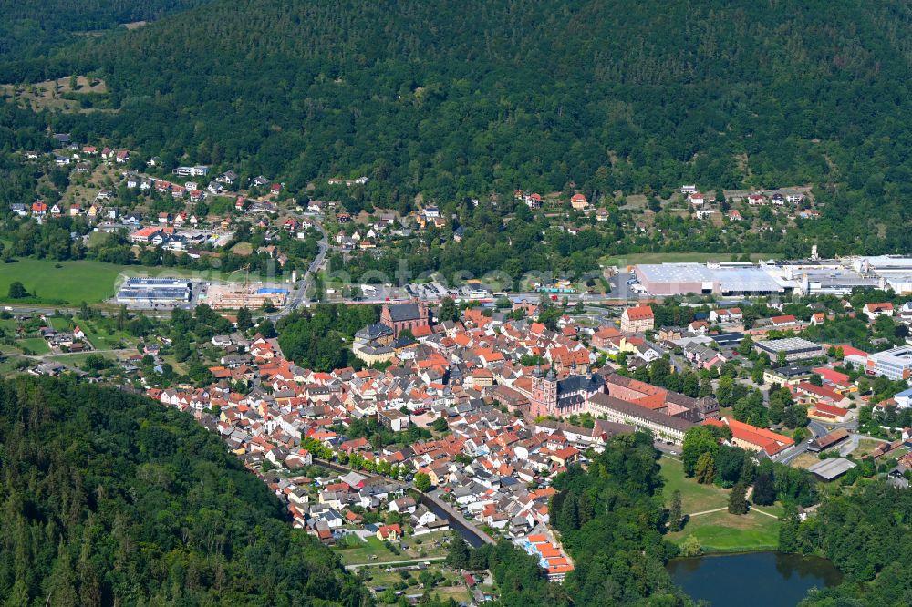 Amorbach from above - Town View of the streets and houses of the residential areas in Amorbach in the state Bavaria, Germany