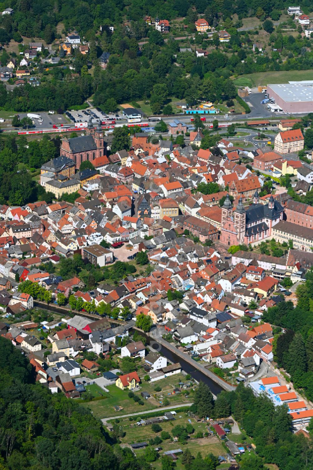 Amorbach from above - Town View of the streets and houses of the residential areas in Amorbach in the state Bavaria, Germany