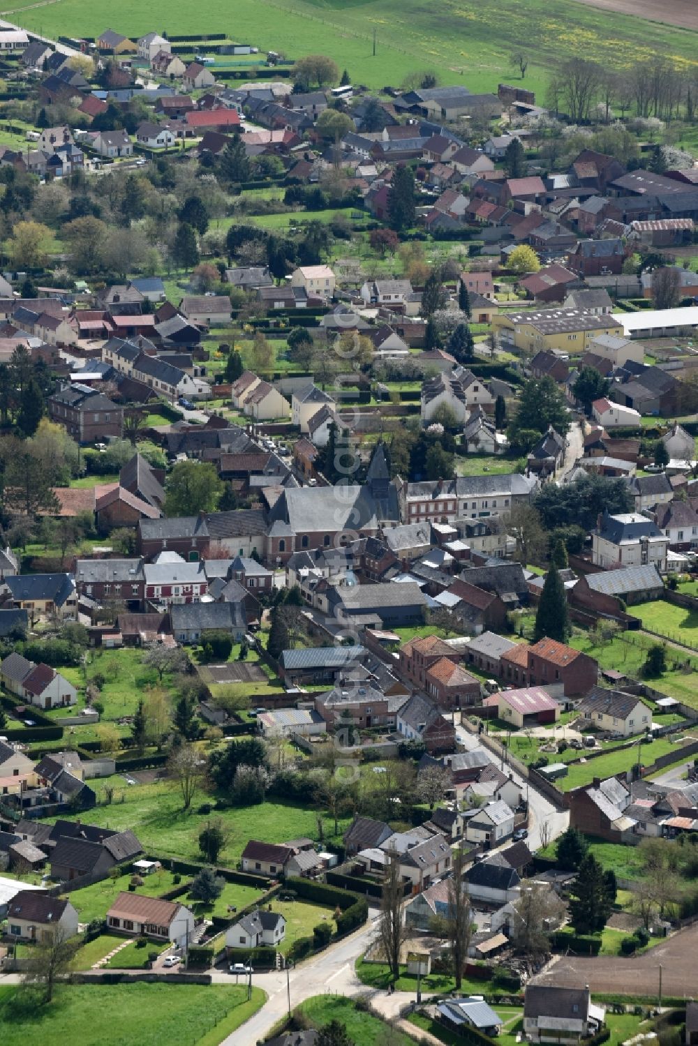 Aerial image Ansauvillers - Town View of the streets and houses of the residential areas in Ansauvillers in Nord-Pas-de-Calais Picardy, France