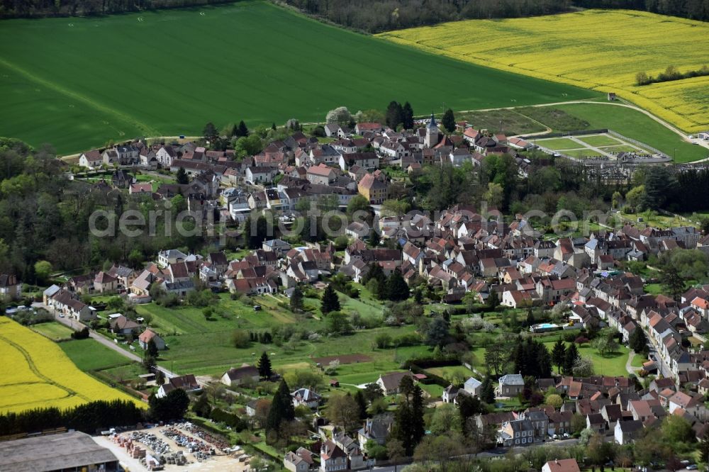 Aerial image Arcy-sur-Cure - Town View of the streets and houses of the residential areas in Arcy-sur-Cure in Bourgogne Franche-Comte, France