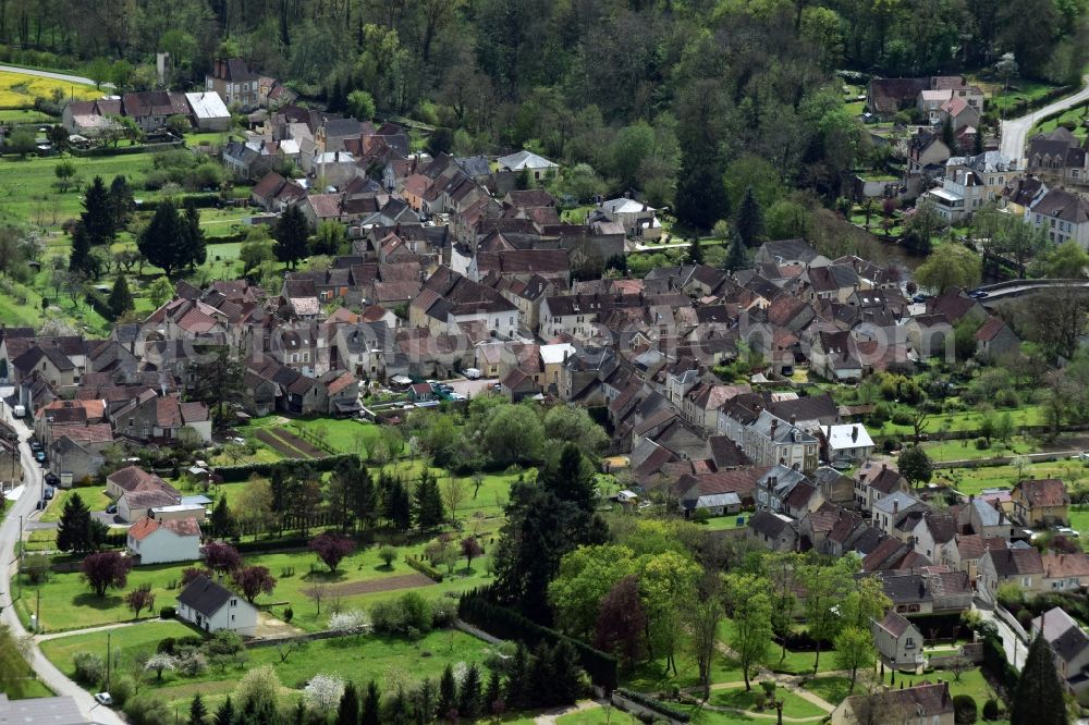 Arcy-sur-Cure from above - Town View of the streets and houses of the residential areas in Arcy-sur-Cure in Bourgogne Franche-Comte, France