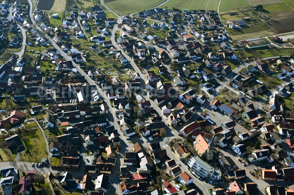 Assamstadt from above - Town View of the streets and houses of the residential areas in Assamstadt in the state Baden-Wuerttemberg, Germany