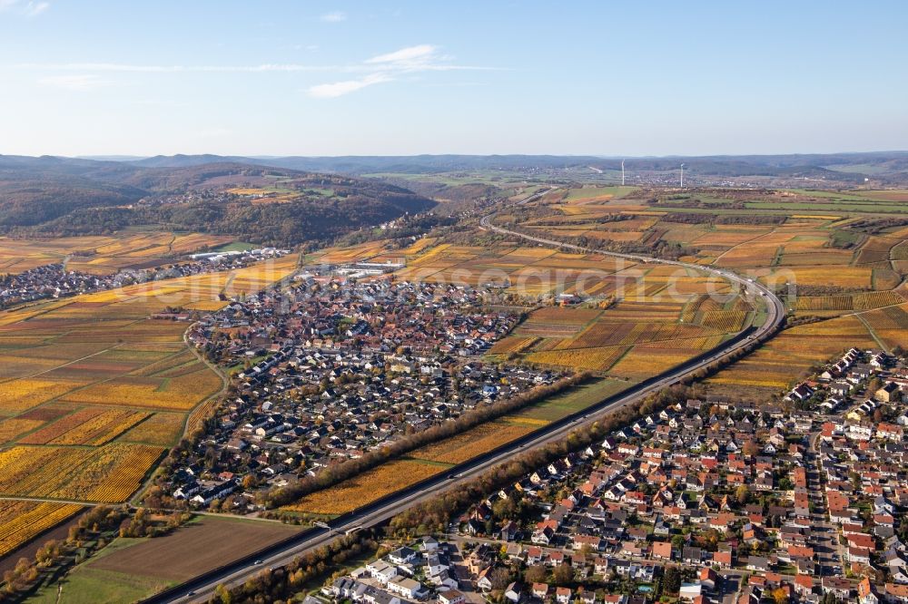 Aerial image Sausenheim - Town view of the streets and houses of the residential areas along the course of the motorway BAB A6 in Sausenheim in the state Rhineland-Palatinate, Germany