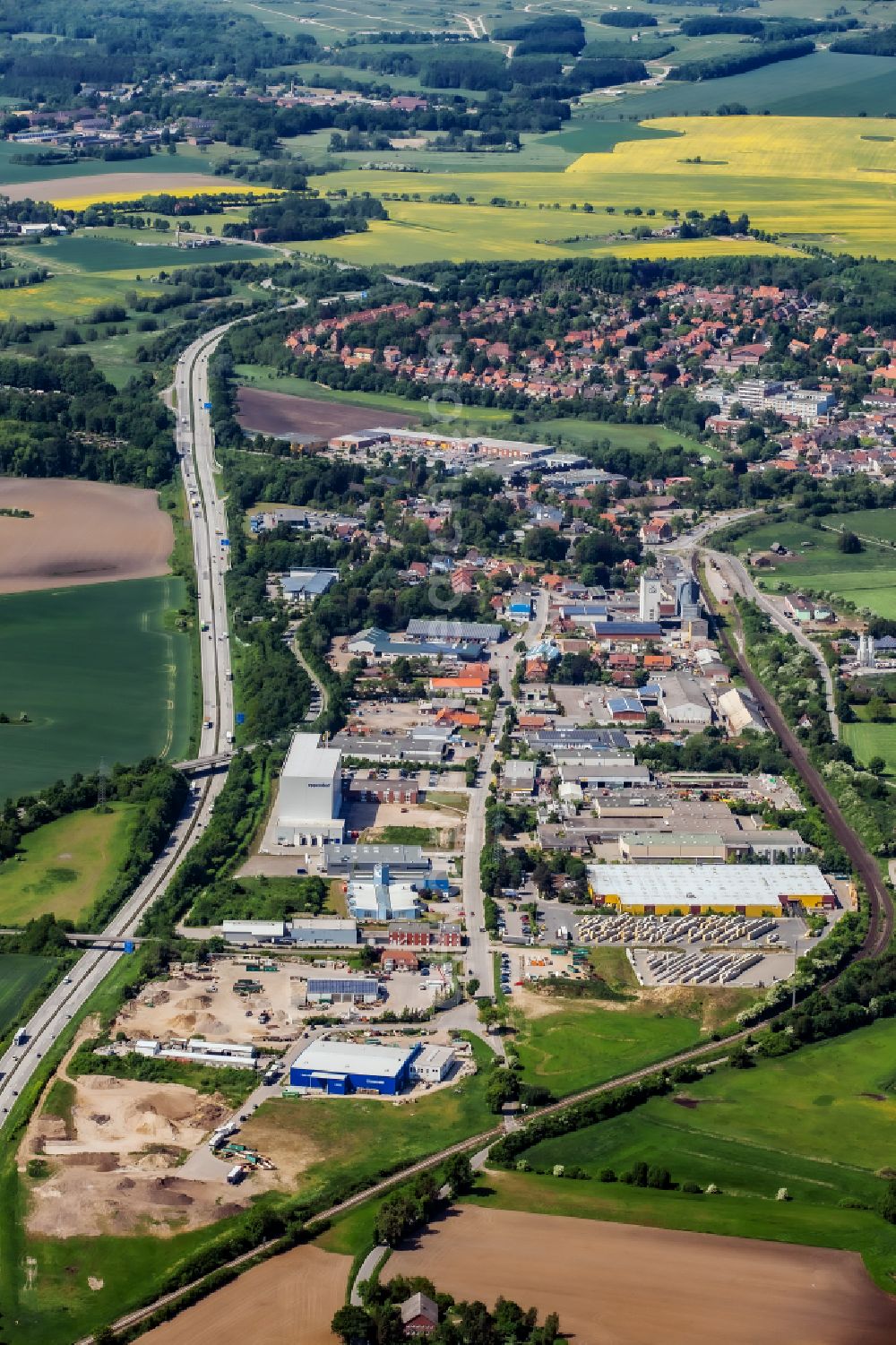 Aerial image Oldenburg in Holstein - City view on the A1 motorway with industrial park in Oldenburg in Holstein in the state Schleswig-Holstein, Germany