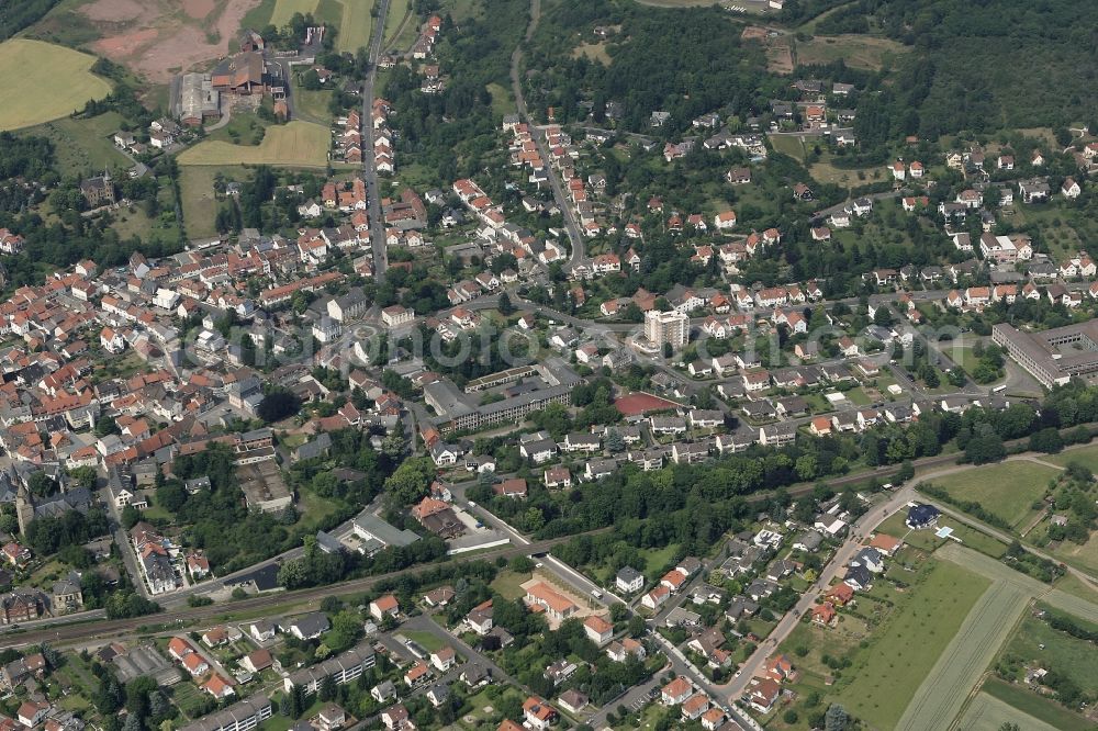 Bad Sobernheim from above - Townscape of Bad Sobernheim in Rhineland-Palatinate. It is the administrative center of the collective municipality Bad Sobernheim and a nationally recognized health resort