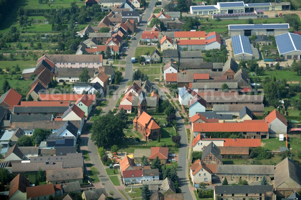 Aerial image Battin - View of the village of Battin in the state of Saxony-Anhalt. The church of Battin - its landmark - is located on a green area in the centre of the village