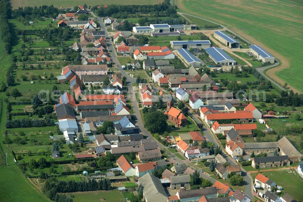 Battin from above - View of the village of Battin in the state of Saxony-Anhalt. The church of Battin - its landmark - is located on a green area in the centre of the village