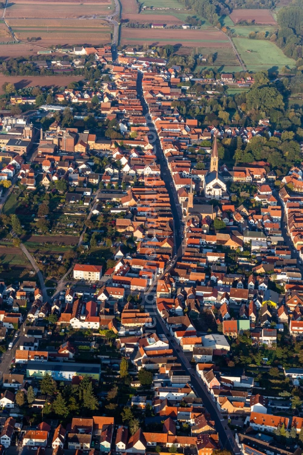 Aerial image Bellheim - Town View of the streets and houses of the residential areas in Bellheim in the state Rhineland-Palatinate, Germany