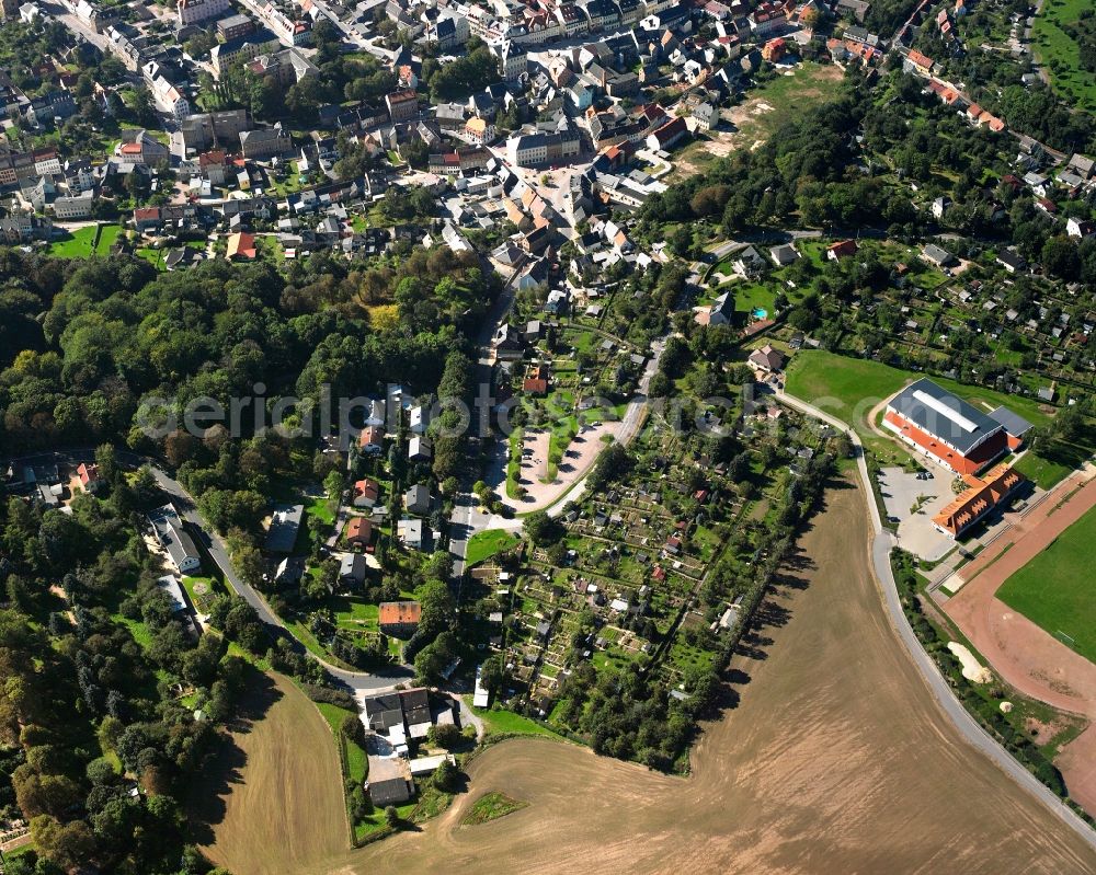 Hainichen from above - City view of the streets and houses of the residential areas in the area of a??a??the street Am Park in Hainichen in the state Saxony, Germany