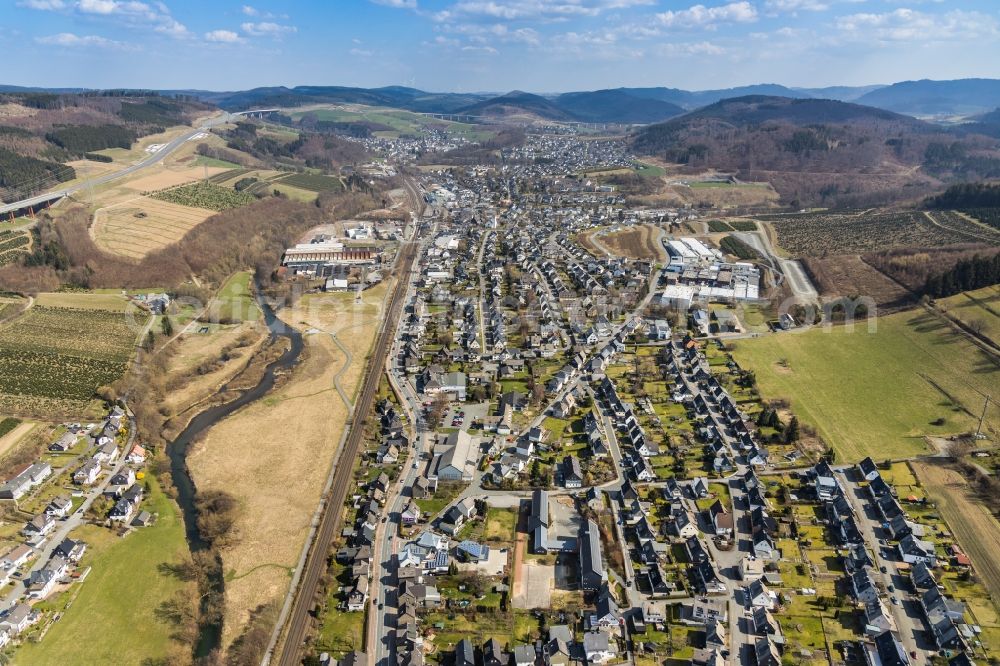 Bestwig from the bird's eye view: Town View of the streets and houses of the residential areas in Bestwig in the state North Rhine-Westphalia, Germany