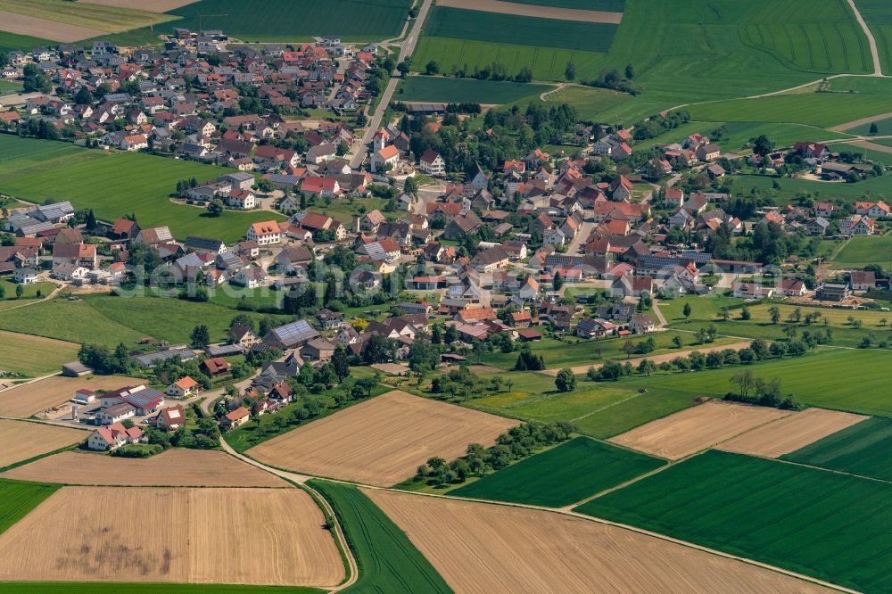 Betzenweiler from above - Town View of the streets and houses of the residential areas in Betzenweiler in the state Baden-Wuerttemberg, Germany