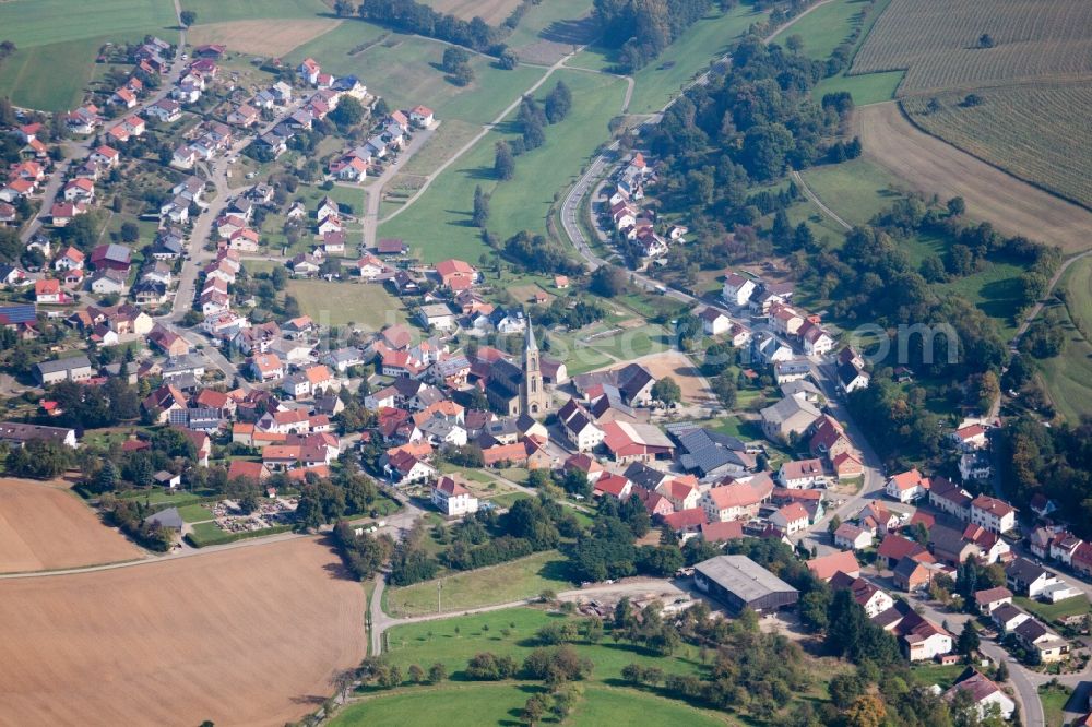 Billigheim from the bird's eye view: Town View of the streets and houses of the residential areas in Billigheim in the state Baden-Wuerttemberg