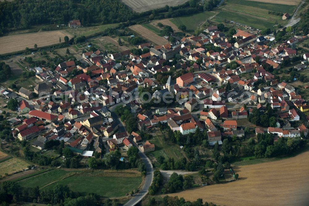 Aerial image Bilzingsleben - View of the streets and houses of the residential areas in Bilzingsleben in the state Thuringia