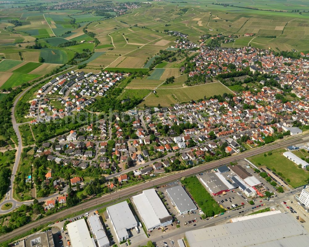 Aerial photograph Bodenheim - View at Bodenheim in the state of Rhineland-Palatinate. Bodenheim is located along the Rhine and the border of the states of Rhineland Palatinate and Hesse