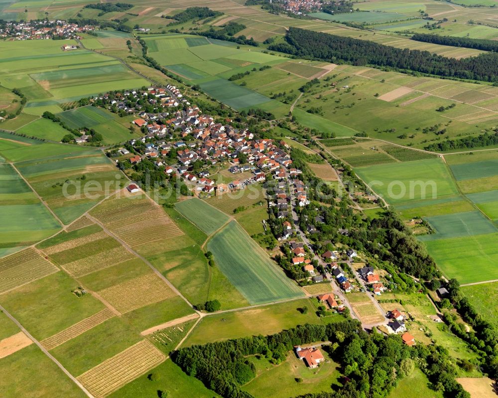 Braunweiler from above - View of Braunweiler in the state of Rhineland-Palatinate. Braunweiler is a borough and municipiality in the county district of Bad Kreuznach. It is located on a hill amidst vineyards. Its elongated shape is widely visible and characteristic