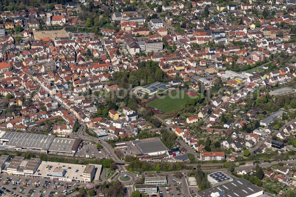 Bretten from above - Town View of the streets and houses of the residential areas in Bretten in the state Baden-Wuerttemberg, Germany