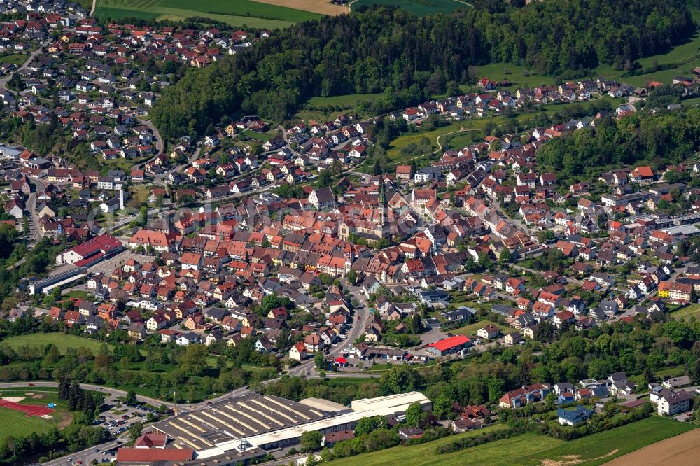 Aerial image Bräunlingen - Town View of the streets and houses of the residential areas in Braeunlingen in the state Baden-Wuerttemberg, Germany