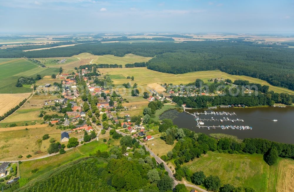 Buchholz from above - View of Buchholz on Lake Mueritzsee with its marina and campsite in the state of Mecklenburg - Western Pomerania